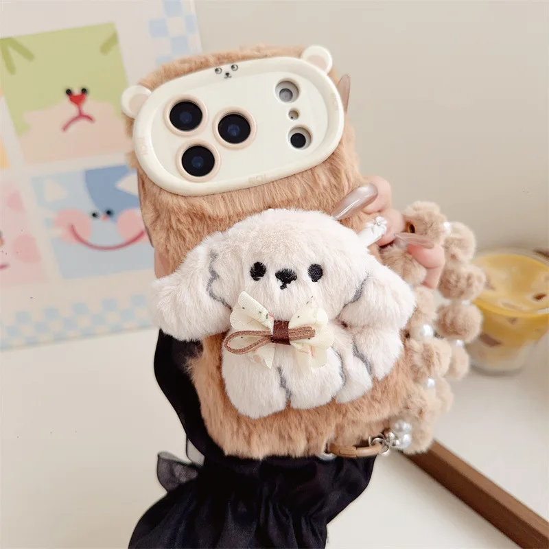 Etui na telefon iPhone 17 Air 16 15 14 13 12 11 Pro Max z pluszową kokardką 3D, ciepłe, puszyste, z smyczą, odporne na wstrząsy.