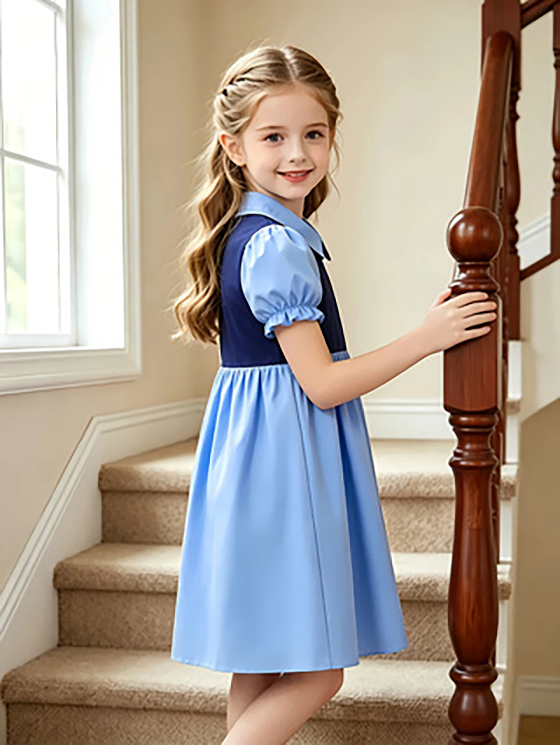 Girls' Blue Color Block Preppy Princess Dress, Summer Lapel Puff Sleeve Dress