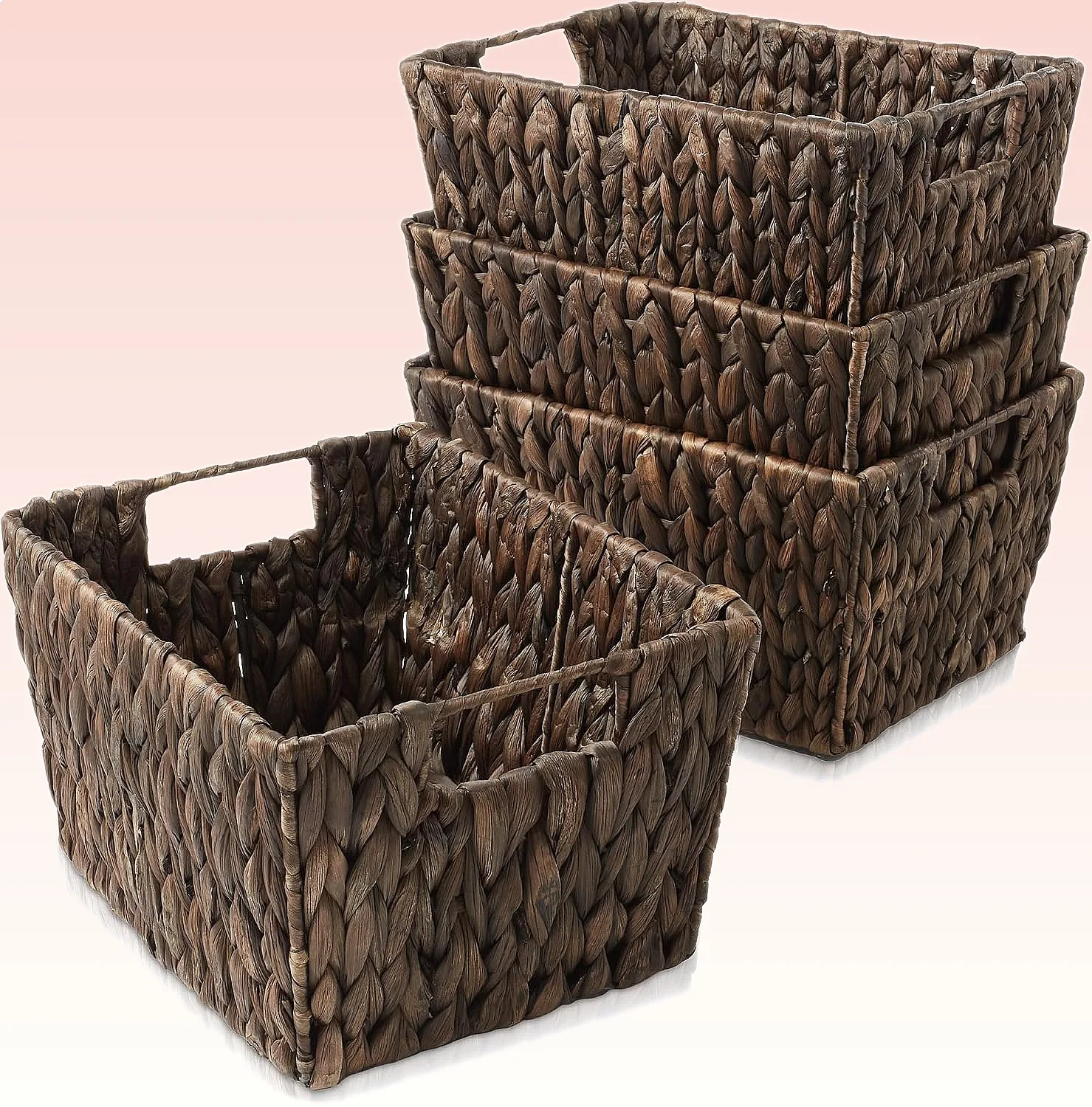 

Casafield Set of 4 Water Hyacinth Storage Baskets with Handles Espresso Brown Woven Bins
