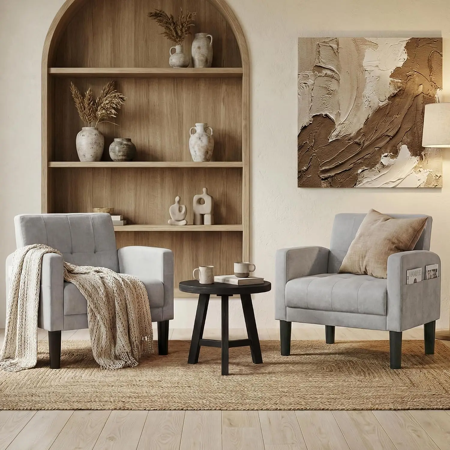 Light Grey Accent Chairs Set of 2, Tufted Armchairs for Living Room | Mid-Century Modern Reading Chairs, Cozy Side Armchairs