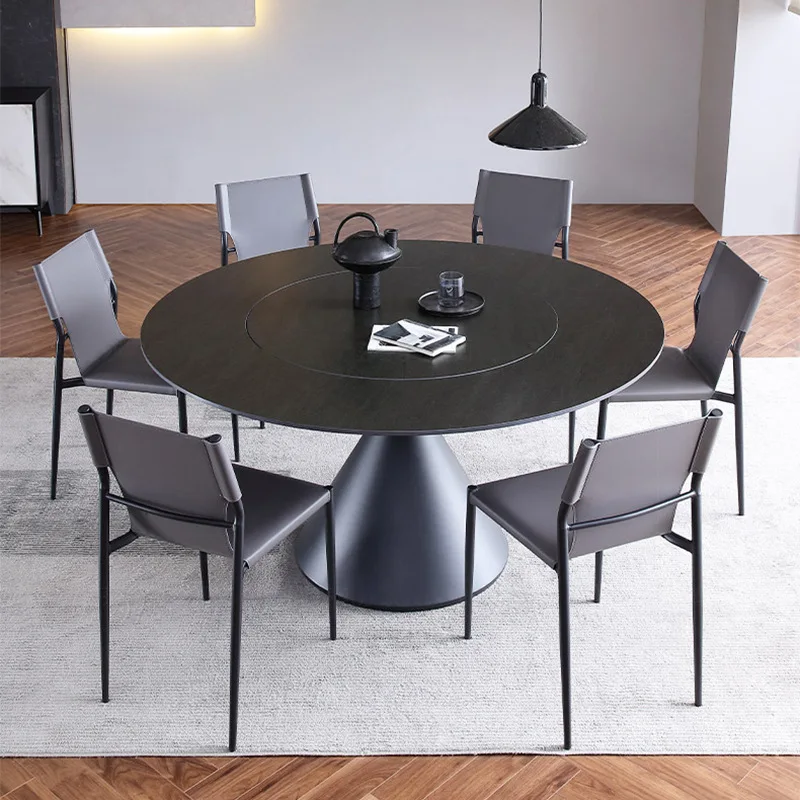 Rock slab dining table turntable embedded rotating designer villa home Italian minimalist small apartment black round dining tab