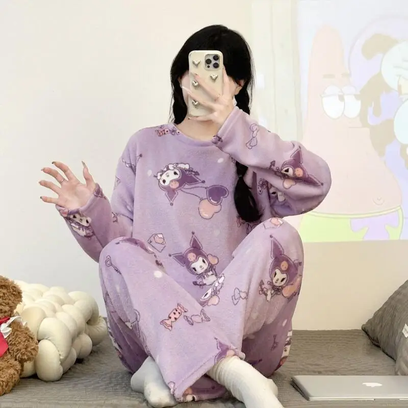 

Комплекты пижам Sanrio Kuromi, милые женские зимние теплые пижамы с героями мультфильмов, брюки с длинными рукавами, ночные рубашки, фланелевая домашняя одежда, новинка
