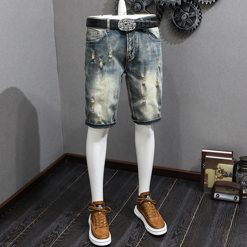 

2024Summer Retro tattered jeans denim shorts men's fashion nostalgic Korean style slim fit all-matching pirate shorts