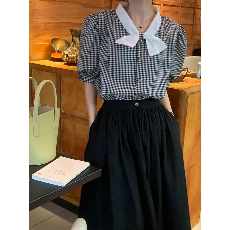 

Ele Vintage irt And Hollow Skirt Set with Bow Tie Cheered Design for Women ort Sve Cotton Summer Outfit