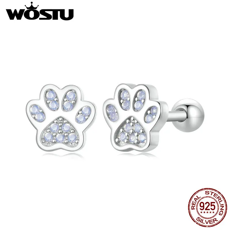 WOSTU 925 Sterling Silver Pet Paw Stud Earrings Mini Cat Dog Earrings White Gold Plated For Women Fine Jewelry Party Daily Gift