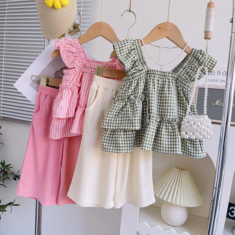 

1-10Y girls ruffled shirt summer new French halters flying sleeve plaid vest straight pant set 90 100 110 120 130 140cm