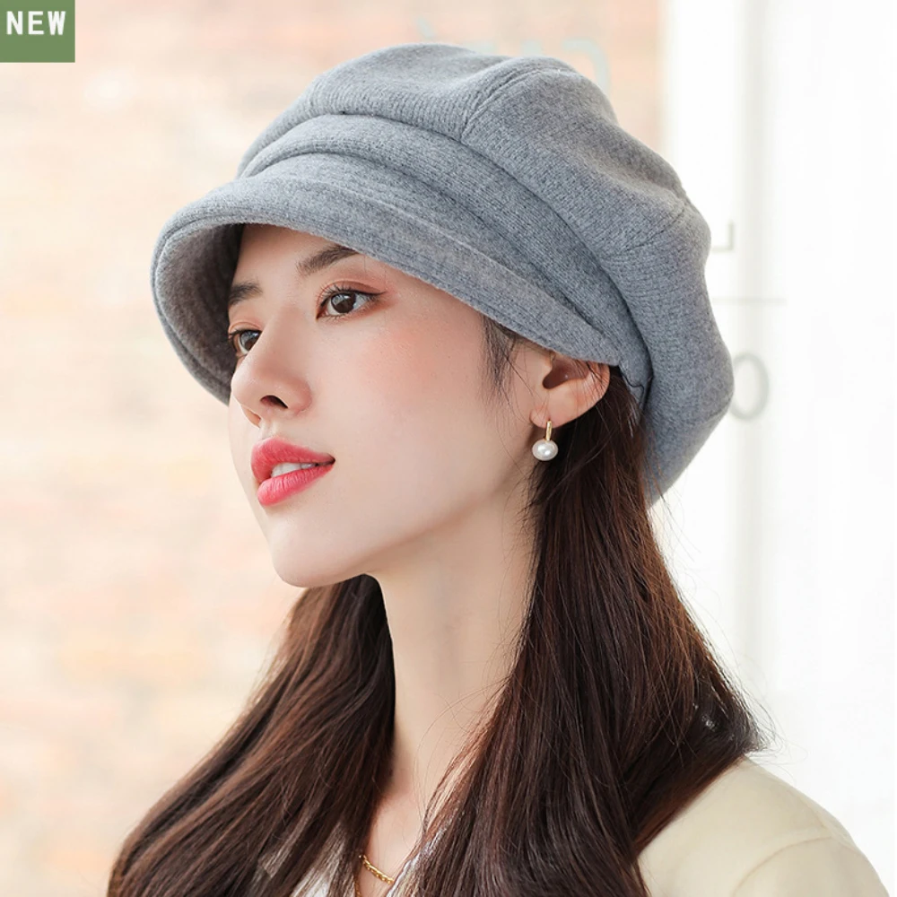 HT4270 Berets Women Solid Plain Autumn Winter Hat Ladies Vintage Artist Painter Beret Hat Female Roll Brim Octagonal  Cap