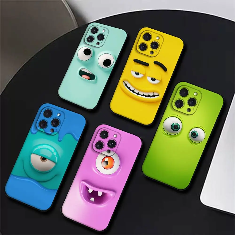 Lustige Cartoon-Gesichtshandyhülle für iPhone 17,16,15,14,13,12,11 Plus,Pro,Max,XR,XS,X,7,8 Plus,Mini, schwarzes Silikon, weich