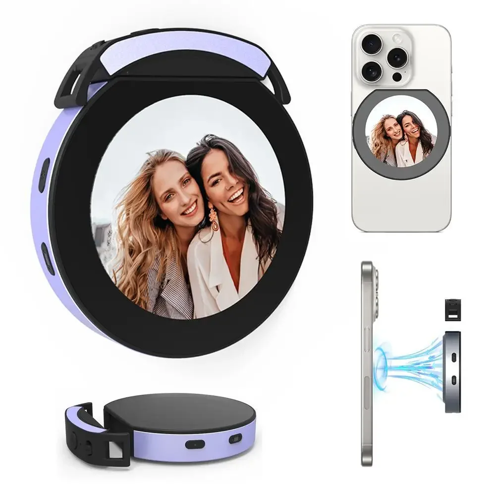 Espelho de selfie magnético redondo sem fio para celular com monitor de projeção de tela para transmissão ao vivo de fotos e vídeos