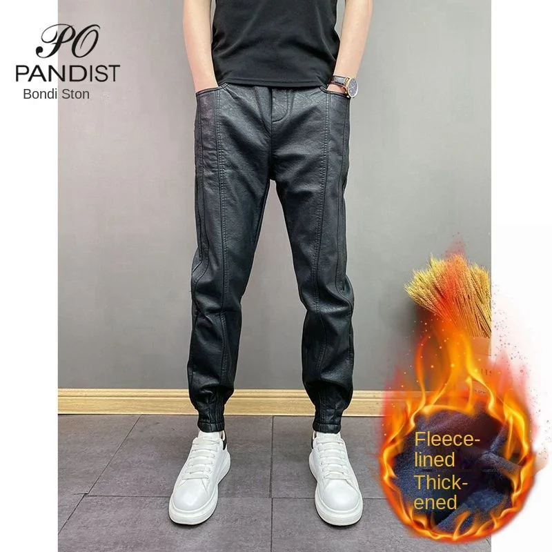 Fashion Elastic Waist Casual Pants for Men with Fleece Windproof and Warm Heat Autumn Winter Trousers Black Pu Leather Pants Men