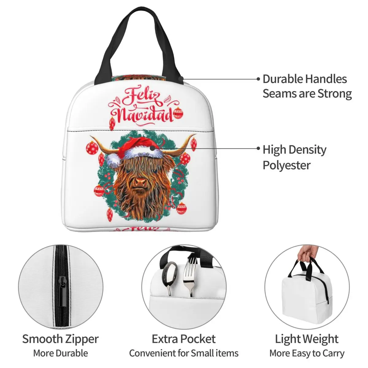 عيد الميلاد المرتفعات البقرة فيليز نافيداد معزول حقيبة الغداء للنساء مكتب برودة صندوق طعام حراري حمل صناديق الغداء الحاويات #4