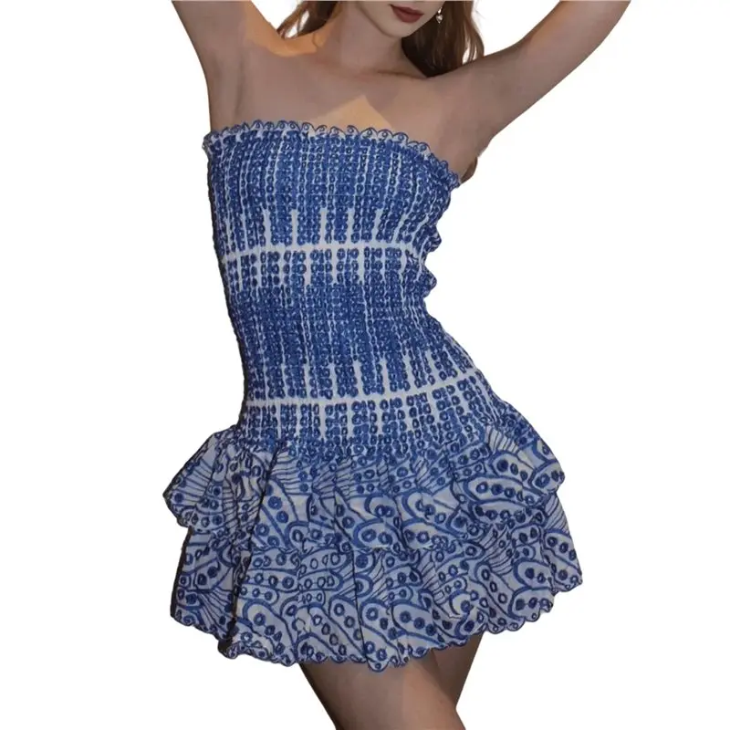 

CYL-Tube Top Preppy Dress Women Y2k Blue Floral Strapless Mini Dress Vintage Short Going Out Dresses
