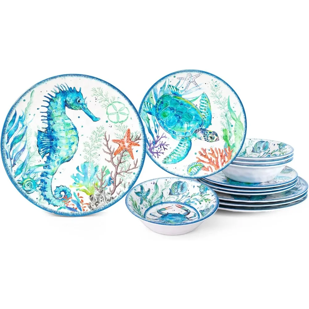 

12-Piece Melamine Beach Dinnerware Set, Coastal Plates and Bowls Sets, Oceanic Sea Life Dish Sets for 4, Great for Indoor Outdo