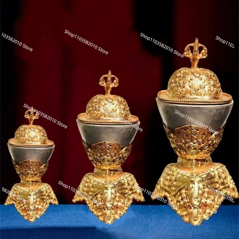 Nepal Toba Guardian Bowl,Engraving Gilded Copper Handicraft Buddhism Holy Water Plate,Tibetan Altars Religious Desktop Tribute