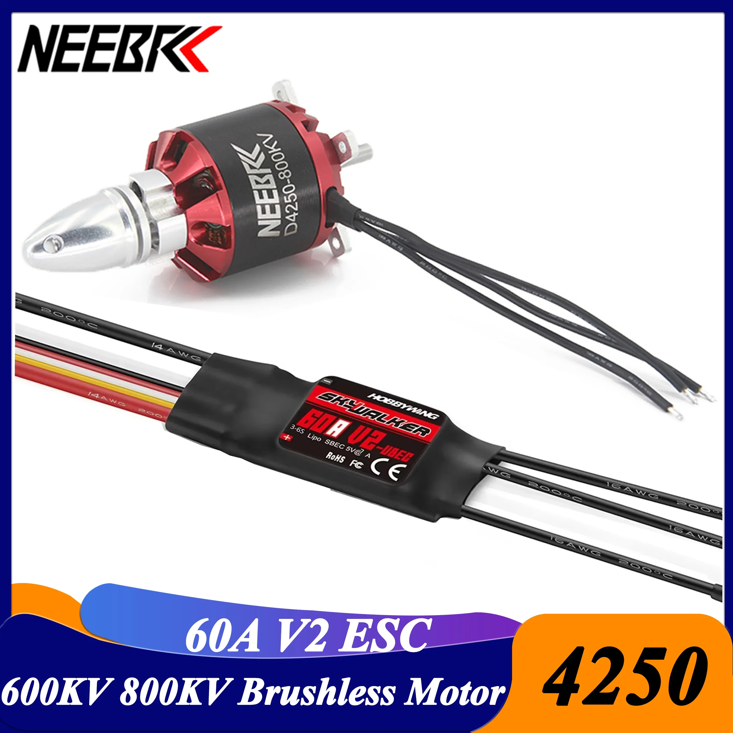 NEEBRC 4250 600KV 800KV Outrunner Brushless Motor Hobbywing 60A V2 ESC for FPV Racing Drone RC Airplane Fixed-Wing Toy Parts