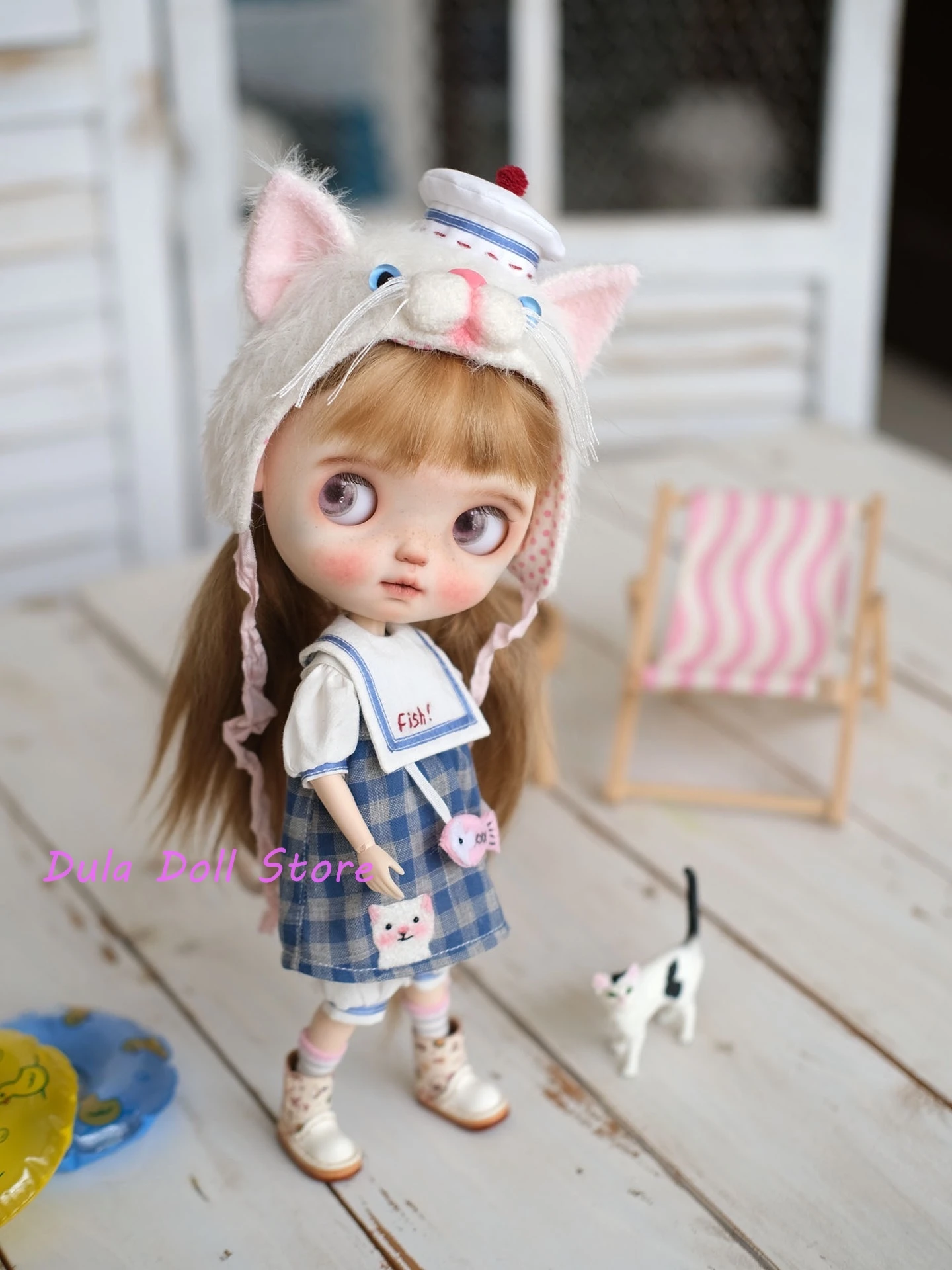 (Nuevas llegadas especiales) ropa de muñeca Dula vestido marinero pequeño gato blanco conjunto Blythe ob24 ob22 diandian qbaby muñeca de cuerpo de pez grande