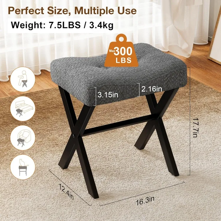 Vanity Stool, 18 Inch Saddle Seat Makeup Stool with Metal X Legs, Breathable and Soft Boucle Fabric Footrest, Ottoman Foot Rest