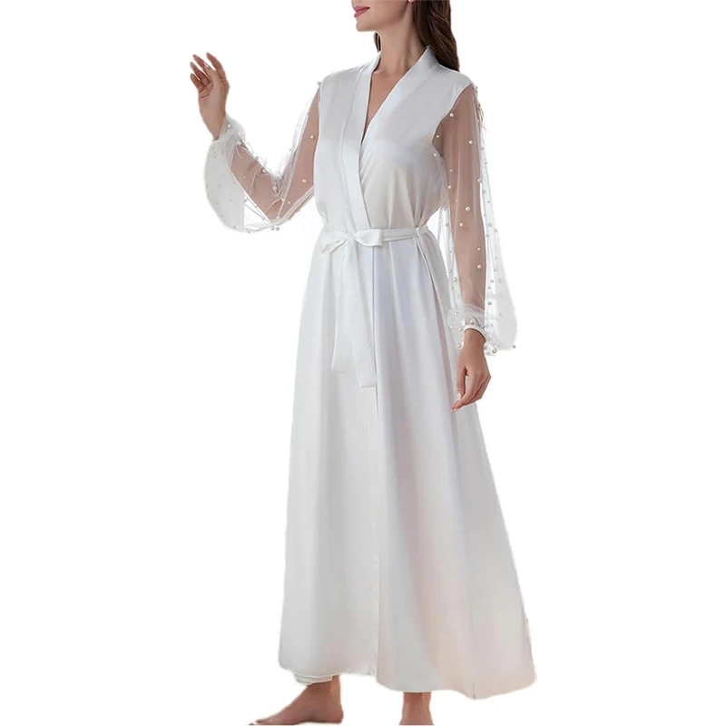 Luxury Women Nightgown Bridal Pajamas V-Neck Pearls Long Sleeve Silky Soft Bridal Wedding Bathrobe for Photography Custom Made