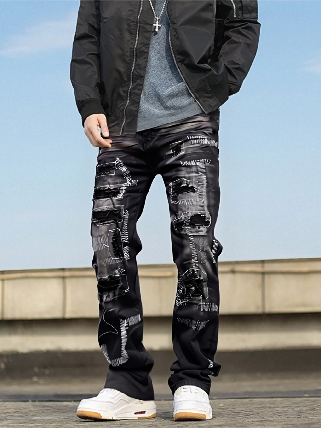2025 Men's Slim Fit Denim with Patchwork Pattern   Vintage and Retro Style  Dark Gray and Black Color Free Shipping on Promotion