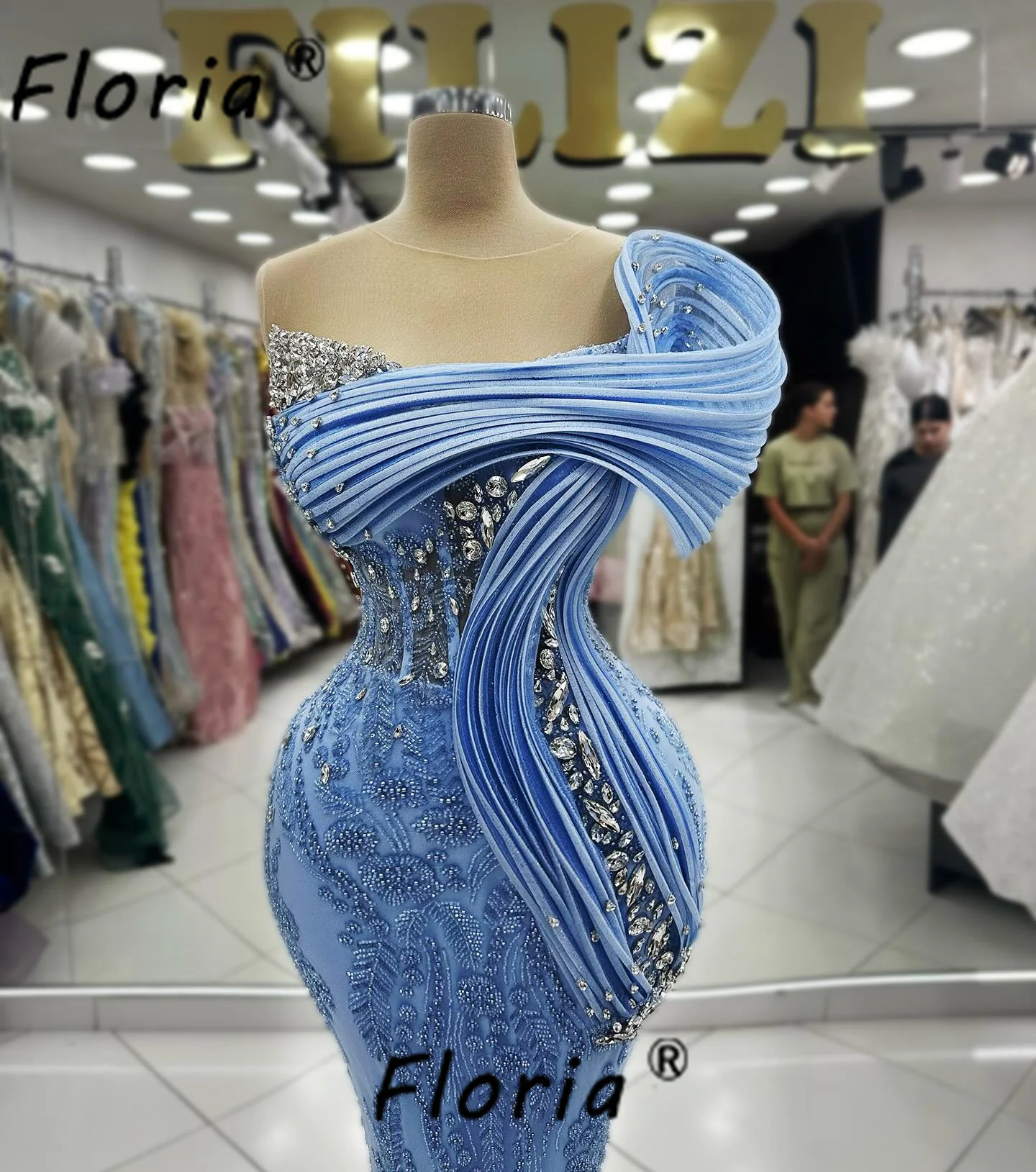 Luxury Blue Evening Dress Beaded Crystal Appliques 3D Mermaid Bride Party Gowns Prom Customized African Woman Vestidos de Gala