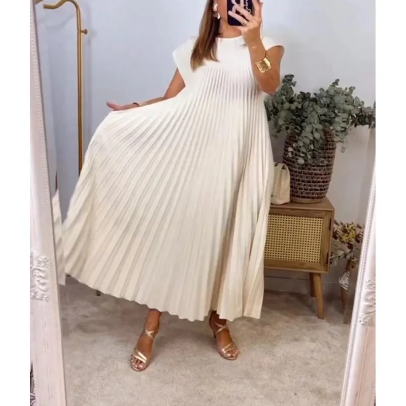 Damenkleider 2026 Neue Mode Lässiges Ärmelloses Plissiertes Kleid mit Rundhalsausschnitt für Herbst und Frühling Damenmode Vestidos