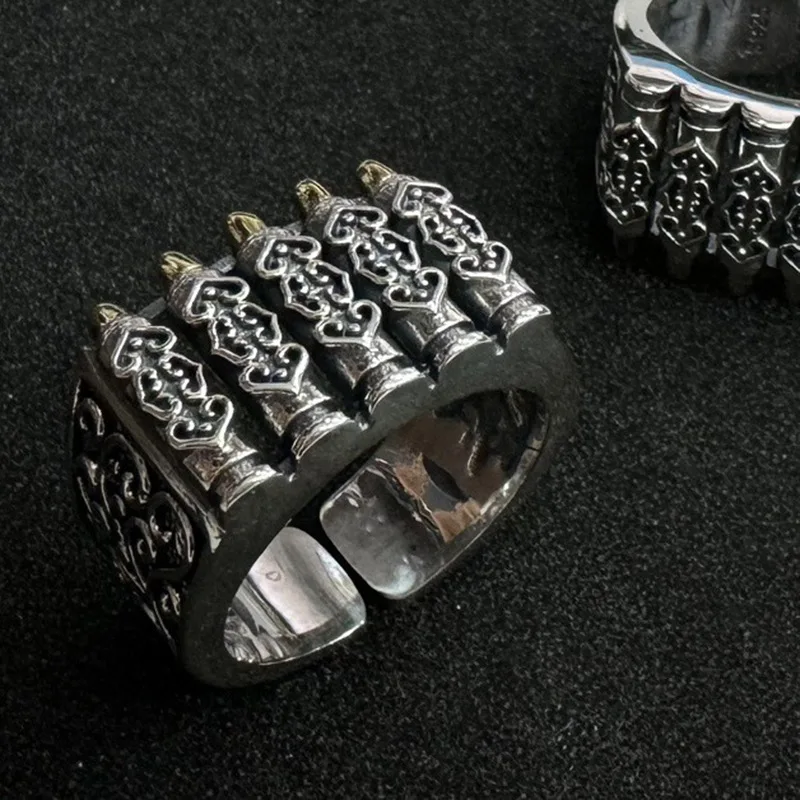 Silver colored ring, fashionable bullet shaped retro distressed Tang grass patterned ring, men's jewelry