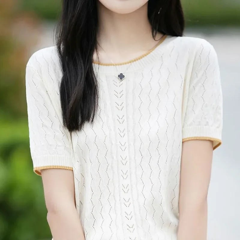 

Универсальные весенние новые контрастные цвета из ледяного шелка, женская летняя шикарная футболка с короткими рукавами, свободный модный топ