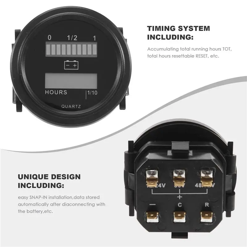 AU16-LED With Hour Meter Round Battery Indicator Meter Gauge 12/24V 36V 48V 72V For Boat Golf Cart Club Cart Forklift