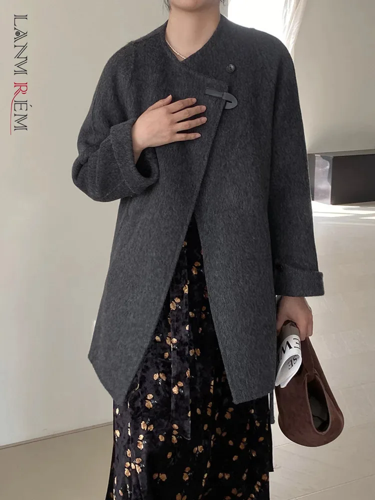 

[LANMREM] Elegant Office Lady Woolen Coat For Women Button Design Belt Gathered Waist Mid Length Clothing 2024 Winter New 26C481