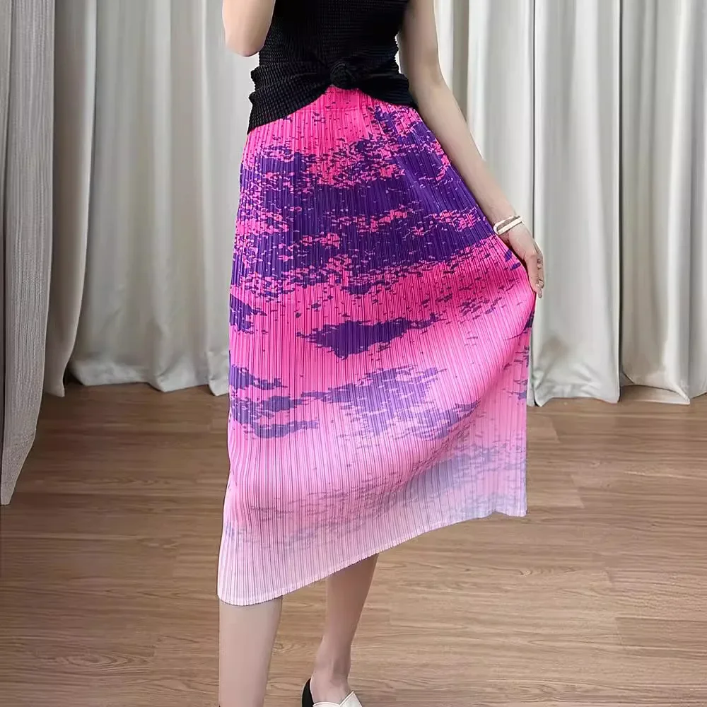 

Miyake Pleated Skirt Women's 2024 Summer New Style High-waisted Temperament Slimming Slit Fashionable Mid-length Printed Skirt