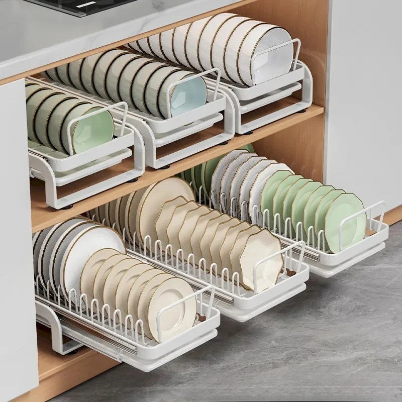 Sliding Dish Storage Rack Cabinet Organizer with Drain Tray Space-Saving Solution for Tableware Plates and Utensils