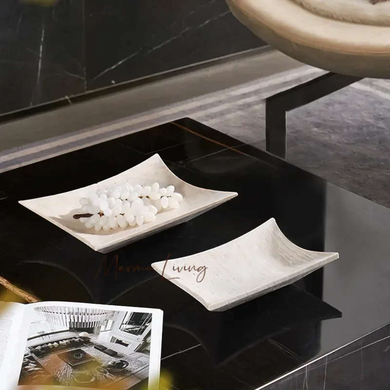 

Beige Travertine Tray for Kitchen Counter Natural Stone Serving Tray for Coffee Table