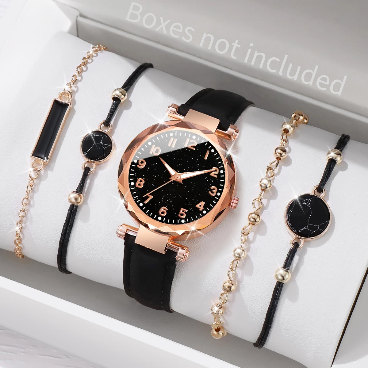 4Pcs Starry Sky Dial Watch Bracelet Set Women Black Leather Quartz Wristwatch Marble Charm Bracelets Jewelry Gift