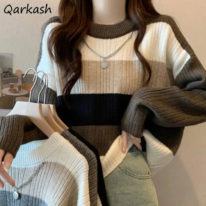 

Pullovers Women Striped Korean Style Simple O-neck Vintage Autumn Winter Home Loose Keep Warm Harajuku All-match Leisure Fashion