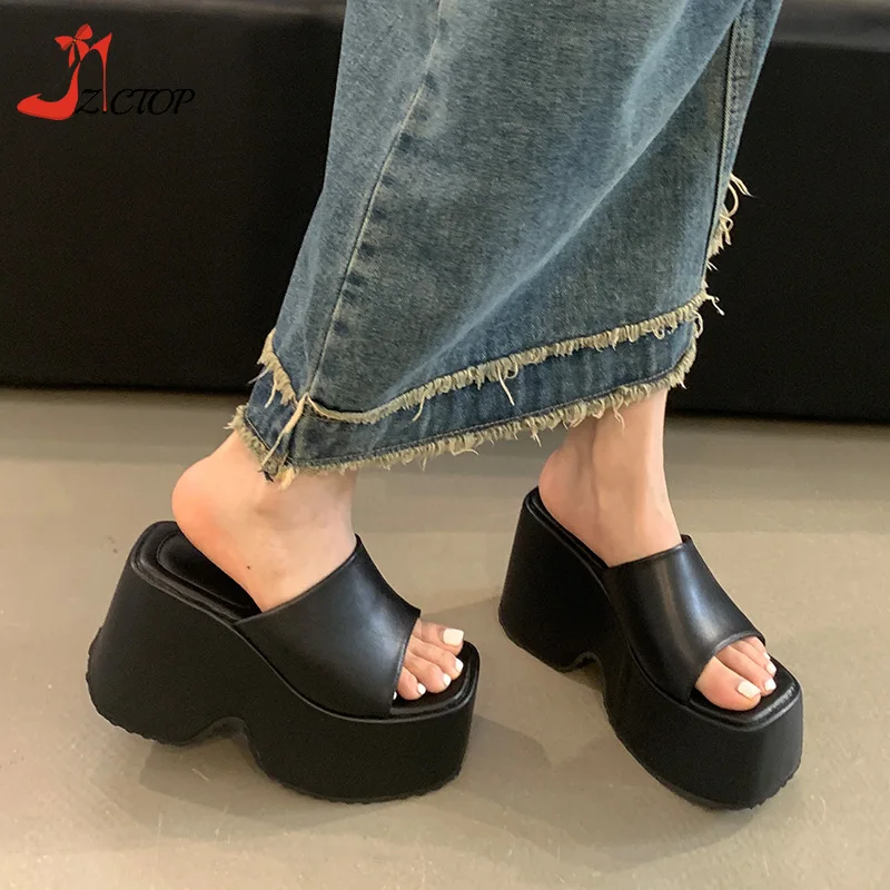 

Chunky Platform Women Slippers Thick Bottom High Heels Sandals Wedges Black White Summer Casual Woman Shoes Big Size 41 42