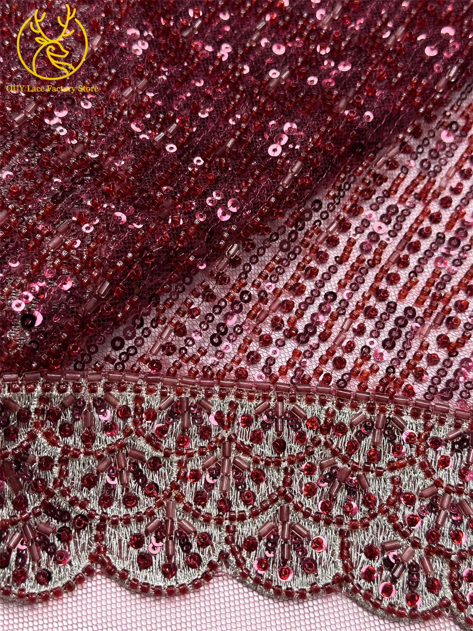 Weinroter 3D Luxus Dubai Stickerei-Spitzenstoff mit Perlen und Pailletten 2026 Afrikanischer Spitzenstoff für Damen Abendkleider und Partykleider zum Nähen – Detail 21