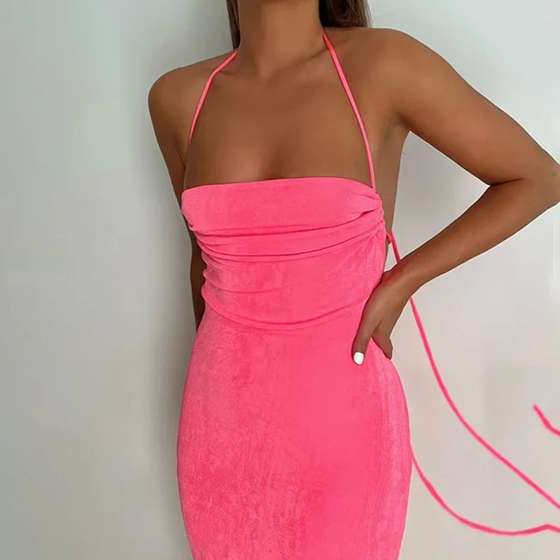 Swing Collar Backless Sleeveless Dress Sexy Drawstrings Hollow Out Slit Maxi Dresses Summer Women Party Y2K Vestidos Para Mujer