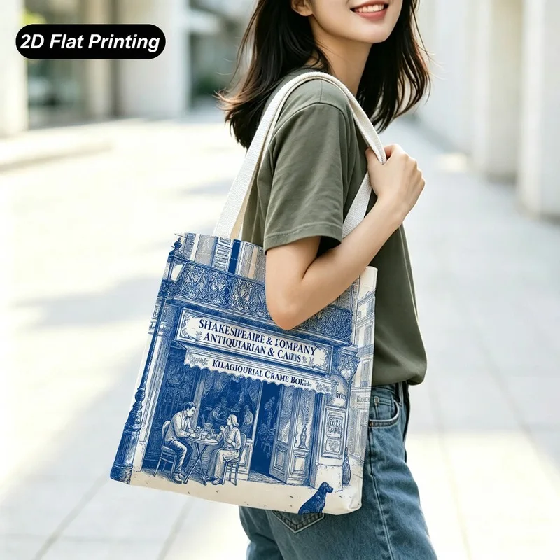 Tote Bag Women's Handbag Vintage blue line drawing Paris street scene printed Tote Bag Large capacity  durable and easy