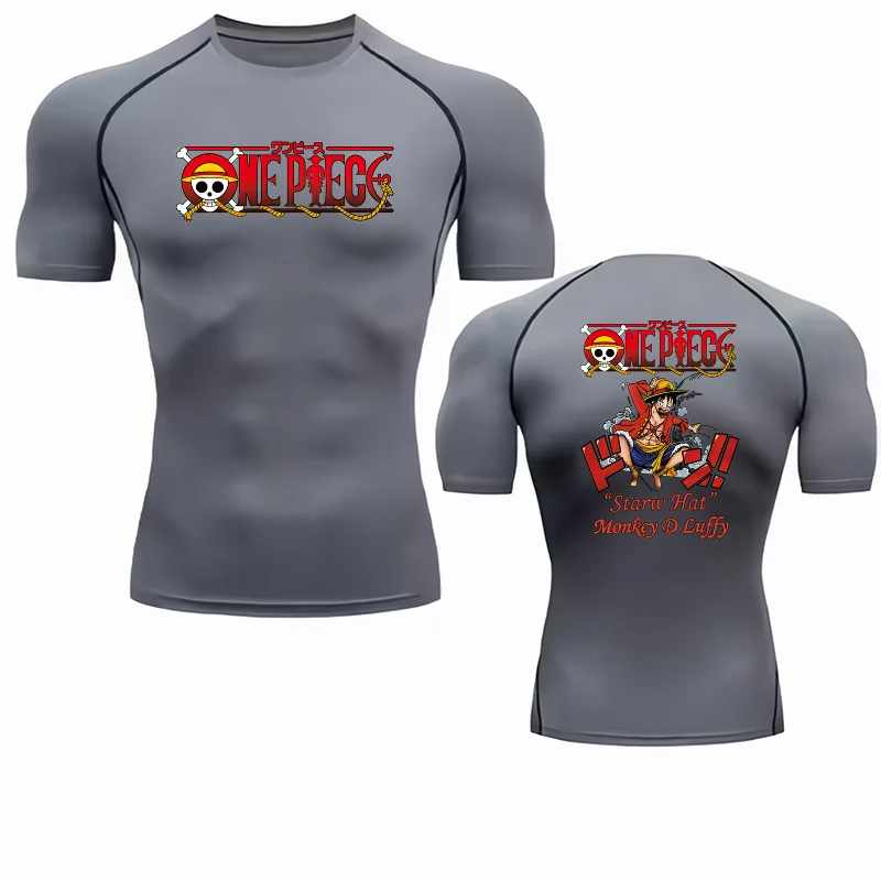 Bandai One Piece Luffy Anime Print Men's Compression T-Shirt, Quick Dry Breathable Gym Running Workout Elastic Fitness Top