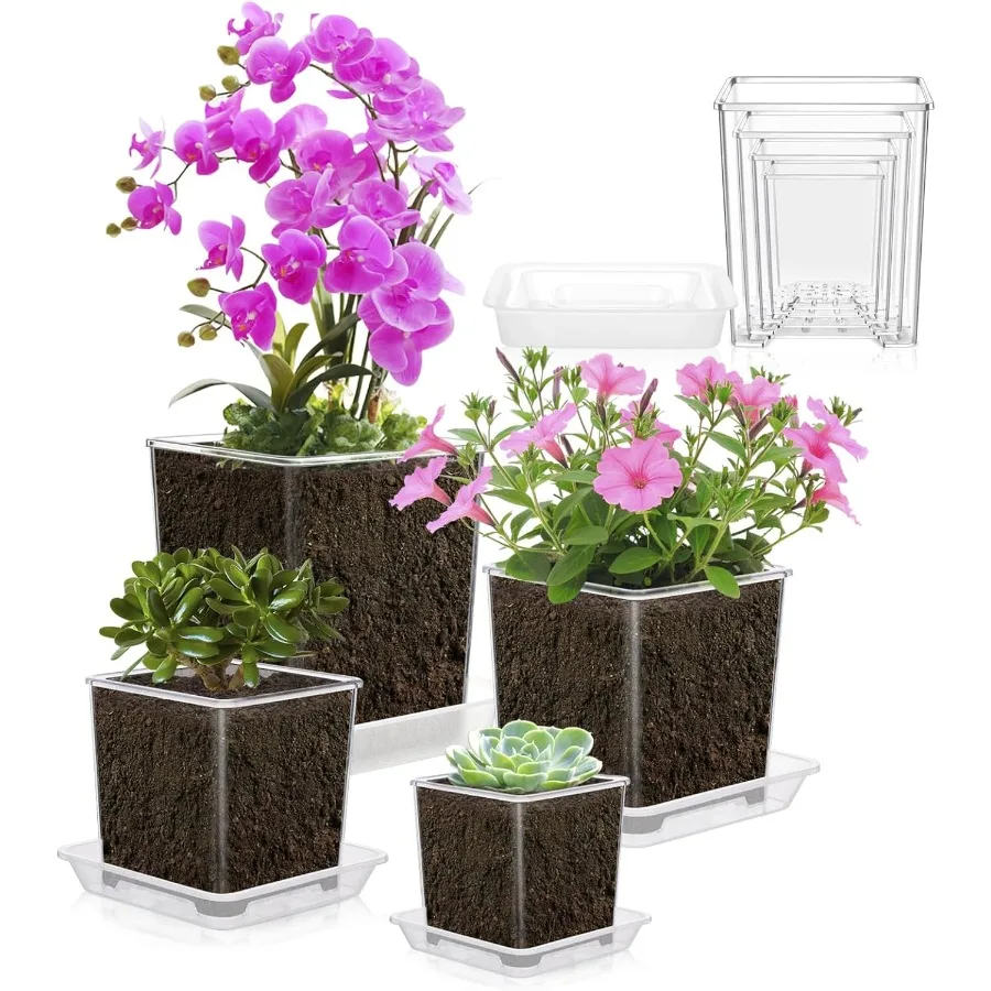 

7 set Acrylic Orchid Pot Thickened Clear Nursery Pots with Drainage and Saucers 3.2 4 5 6 Inch Orchid Pot Acrylic Square Plant