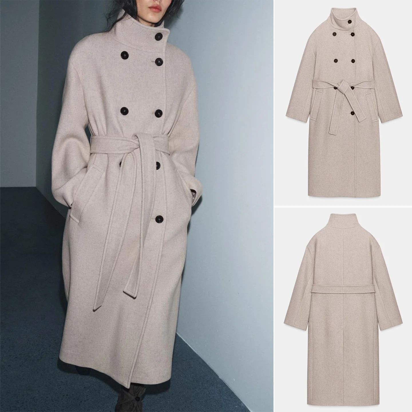 

Новое зимнее женское пальто с узлом на талии, высокий воротник, длинная двубортная верхняя одежда све, украшенная пуговицами, 779247