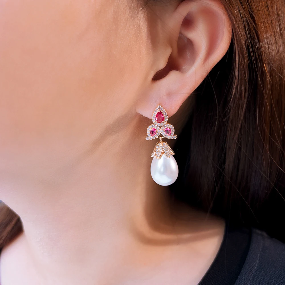 BeaQueen Vintage Gold Tone Red Zircon Dangle Earrings Teardrop Pearl Drop Earring for Women Bridal Wedding Banquet Jewelry E704