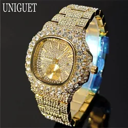 UNIGUET Lxuxry Iced Watch For Men Gold Stainless Steel Quartz Watches Fashion Hip Hop Full Diamonds Wristwatch Man Dropshipping