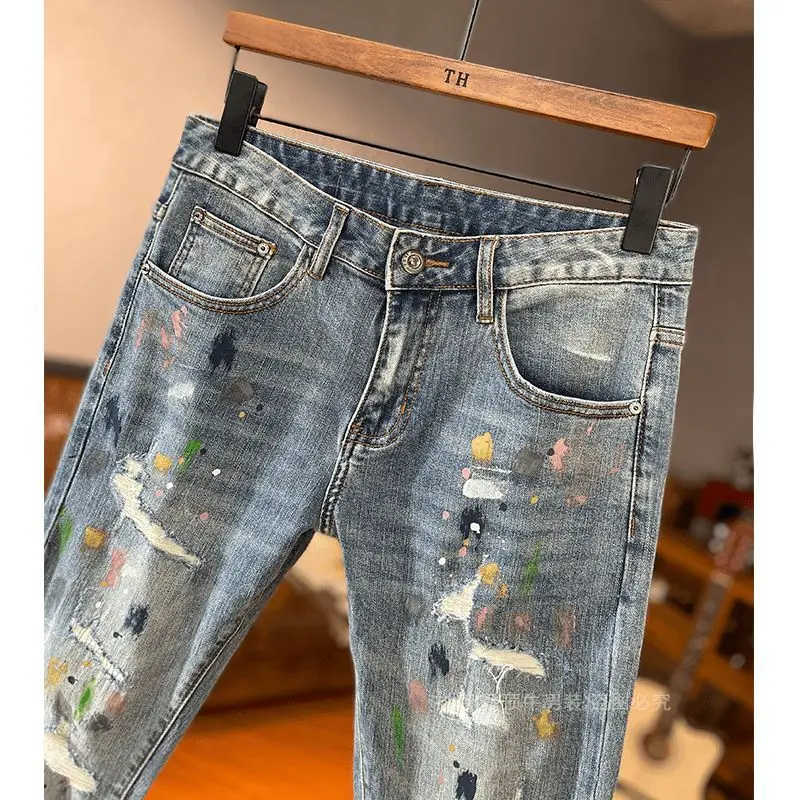 Korean Men's Casual Spring Autumn Fashion Cargo Paint Splash Ripped Patch Stretch Man Designer Clothes Slim-Fit Skinny Jeans