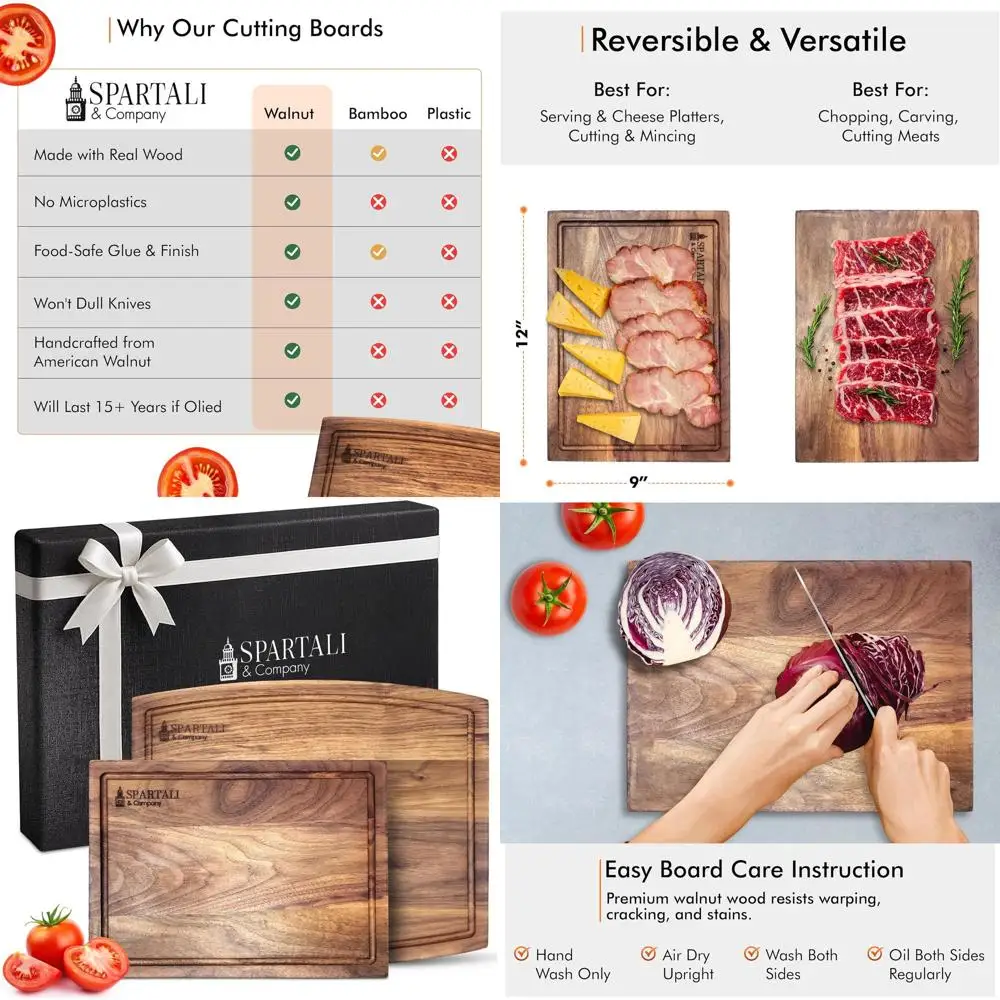 

Набор двусторонних деревянных разделочных досок, американский черный орех, 12x9 и 15x12, кухонная разделочная доска с канавками для сока, подарочная коробка I