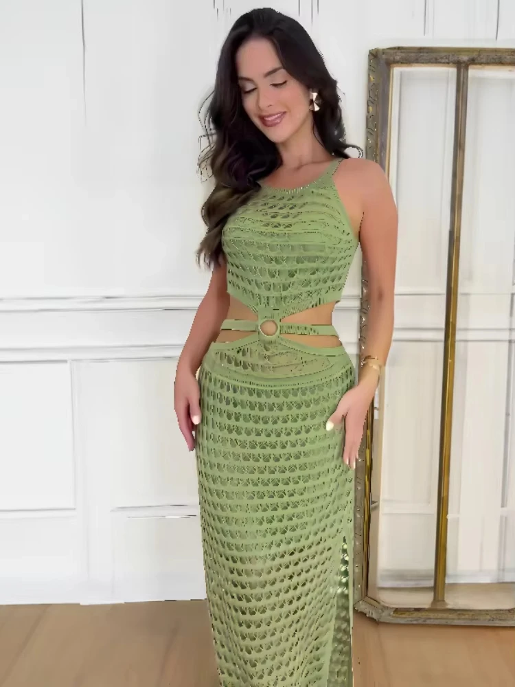 Robe maxi en tricot évidée pour femme, maille découpée, taille haute, fine, élégante, fibre, limon, plage, robe de soirée, sexy