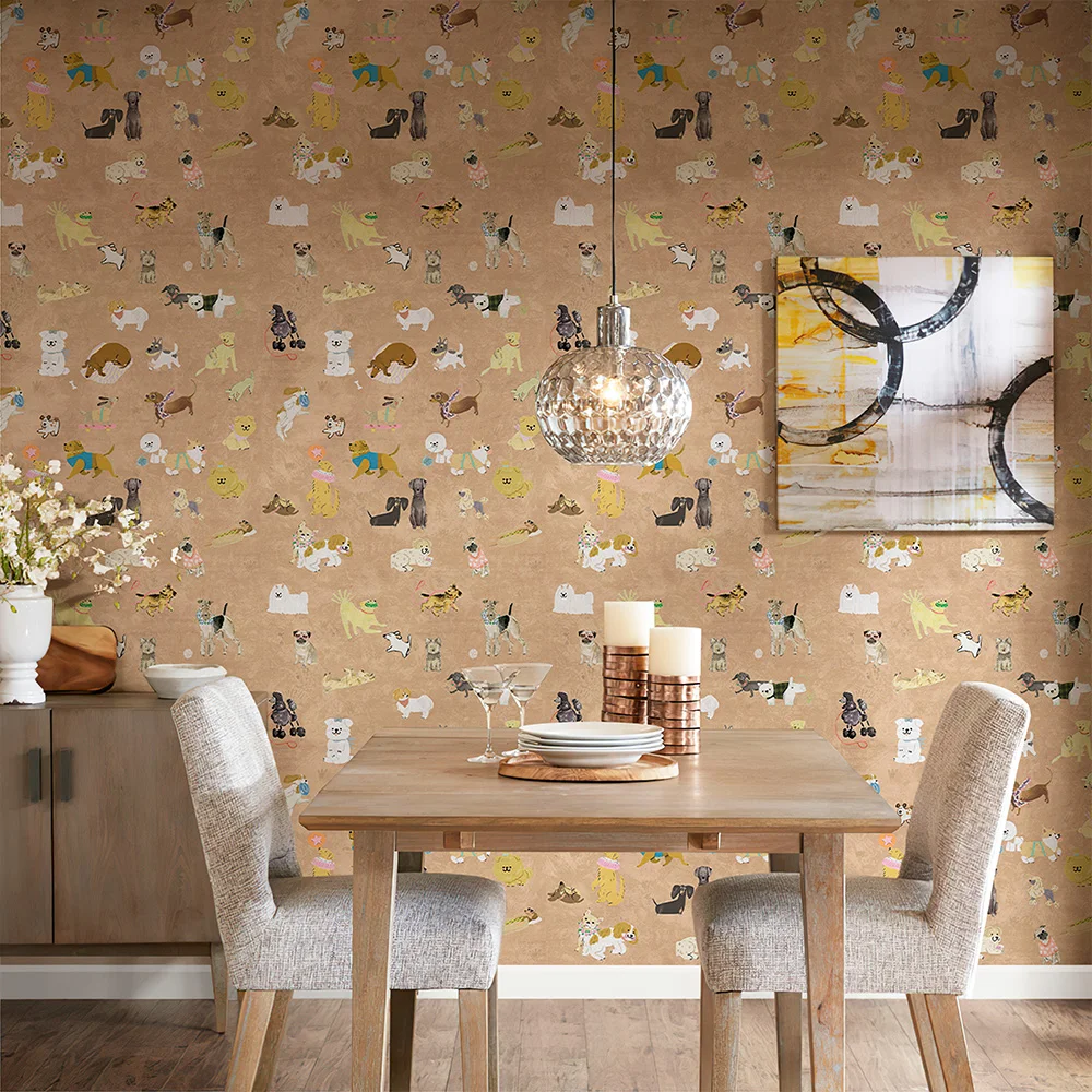 Adorable Brown Cartoon Dog Paradise Self-Adhesive Wallpaper Cute Peel And Stick Animal Cabinet Sticker for Living Room