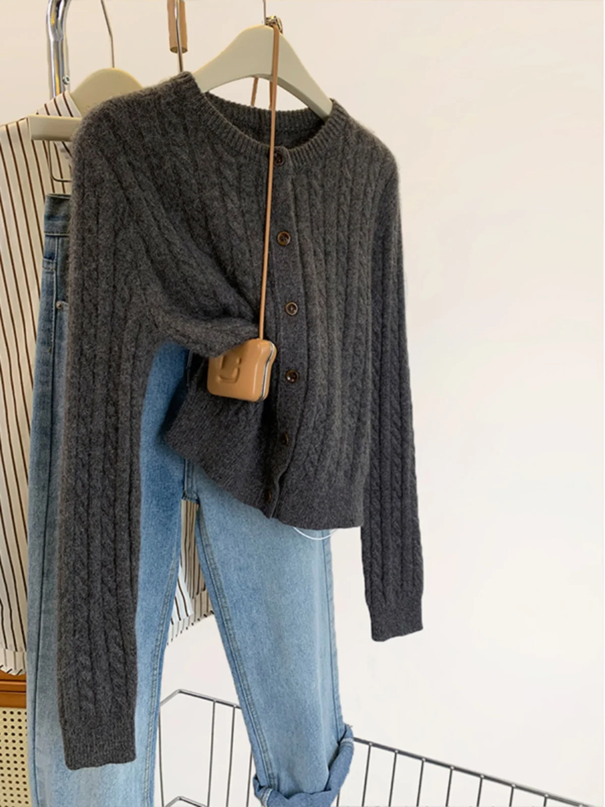 

Grey twist mohair short sweater coat women's early autumn new cashmere sweater knit cardigan coat