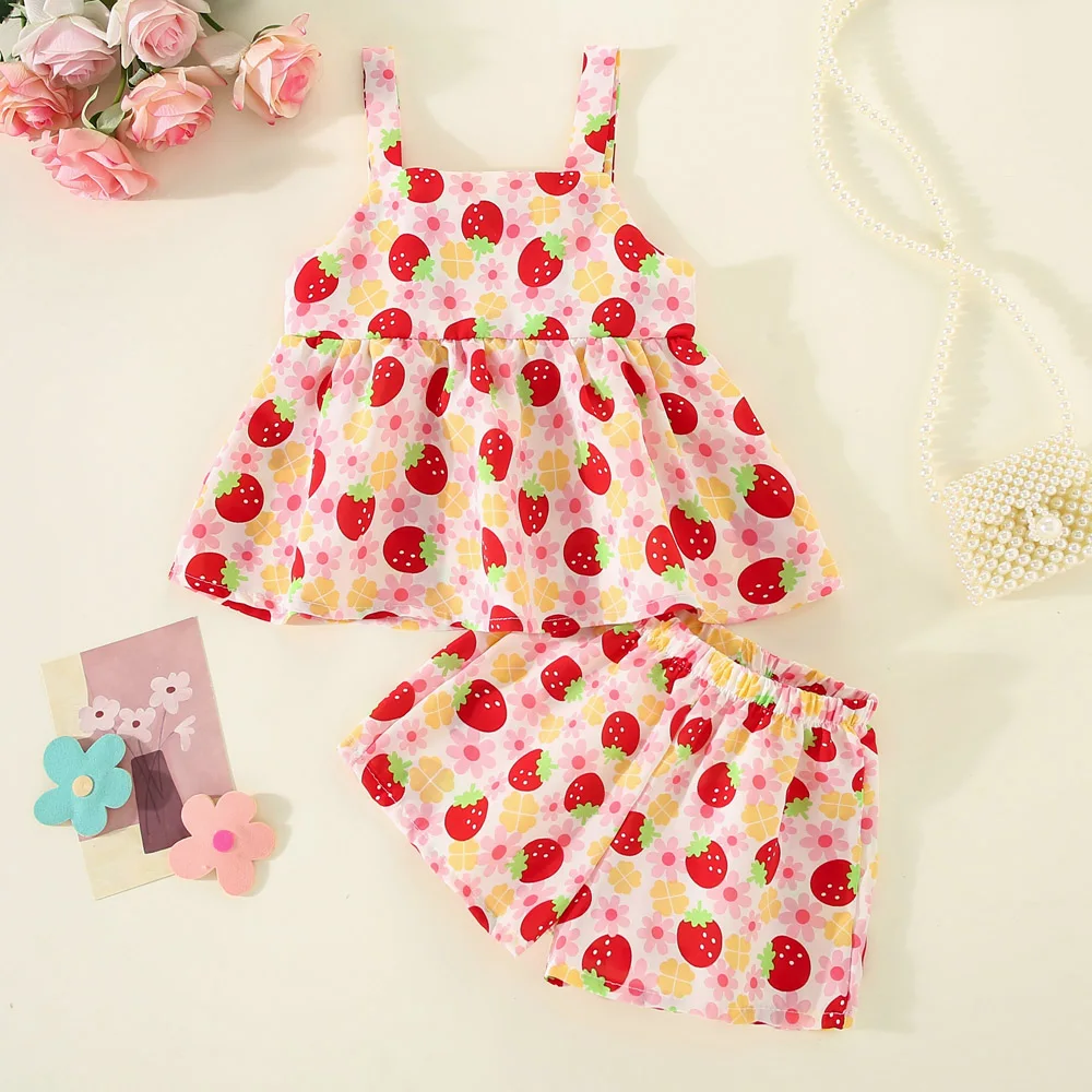 Summer Children's Top And Bottom Clothes Set Korean Style Trend Red Strawberry Suspender Tops with Soft Beach Toddler Shorts