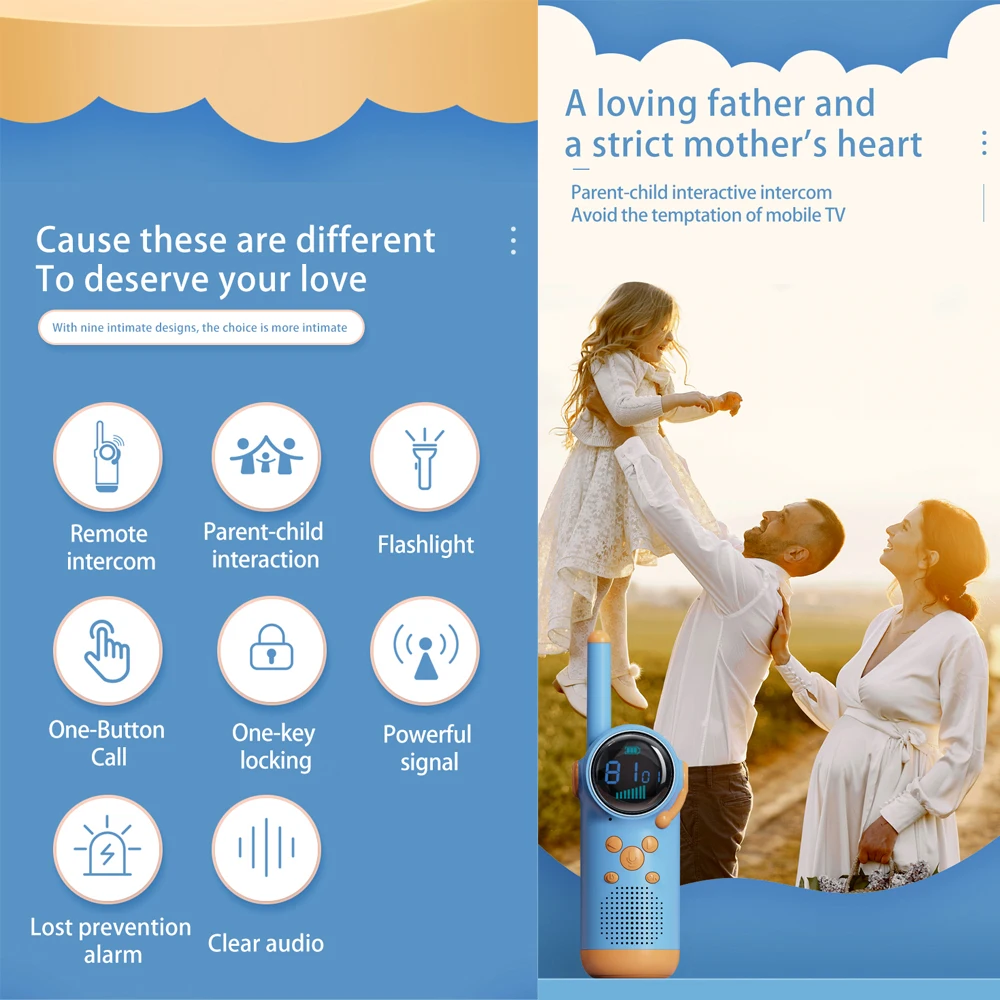 2PCS Kids Walkie Talkie Toy 8 Channels LCD Screen LED Flashlight Intercom Distance 1.5-3KM Parent-child Interaction Recharge